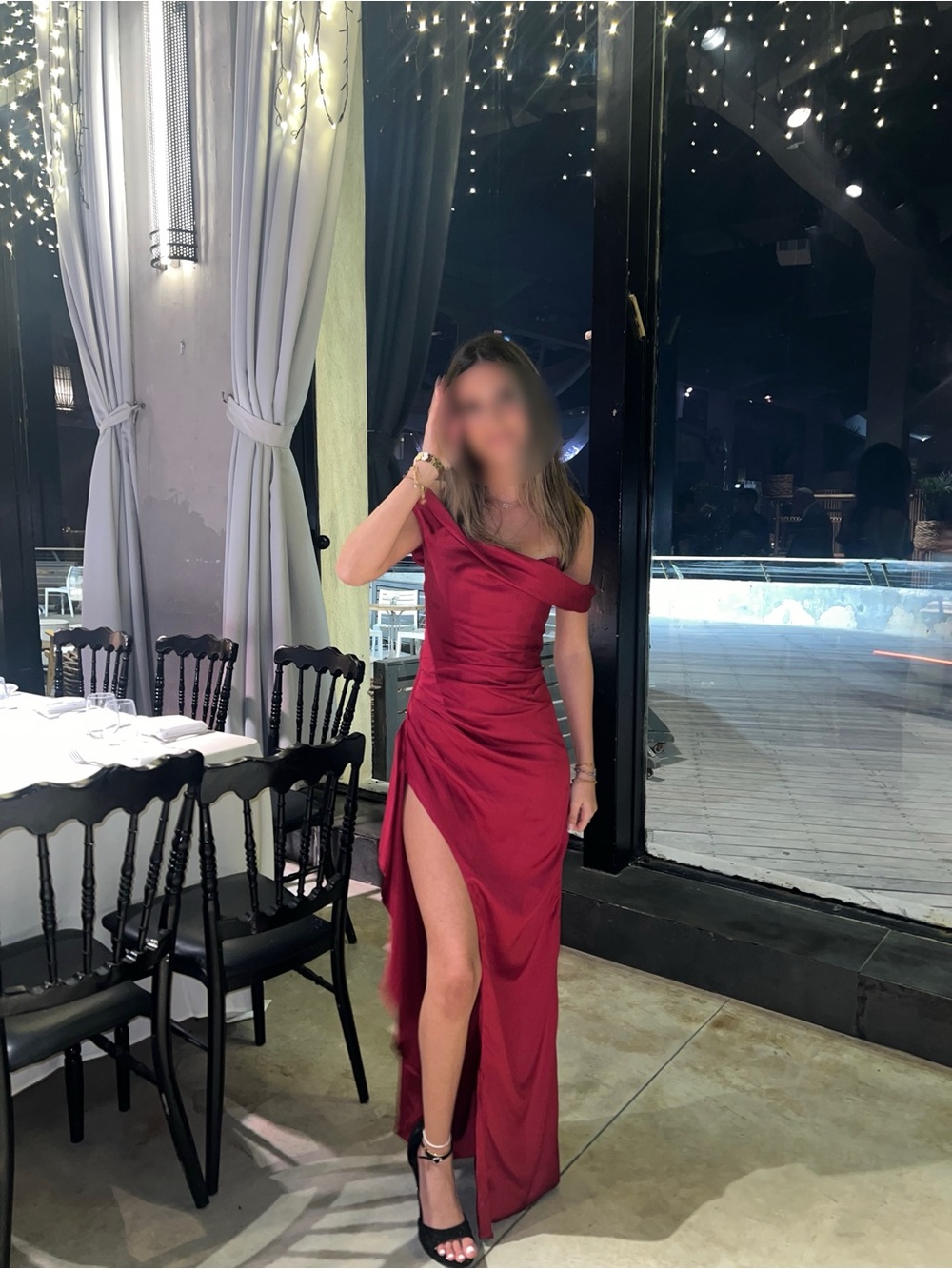 Babyboo burgundy/wine maxi, dress off the shoulder, satin